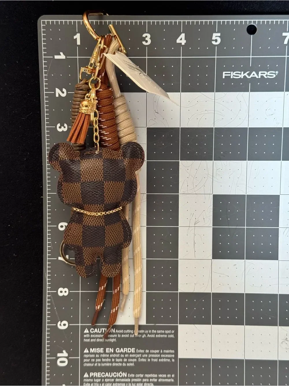 Brown Floral Bear Bag Charm Keychain Gold Accent Coordinating Cord NWT